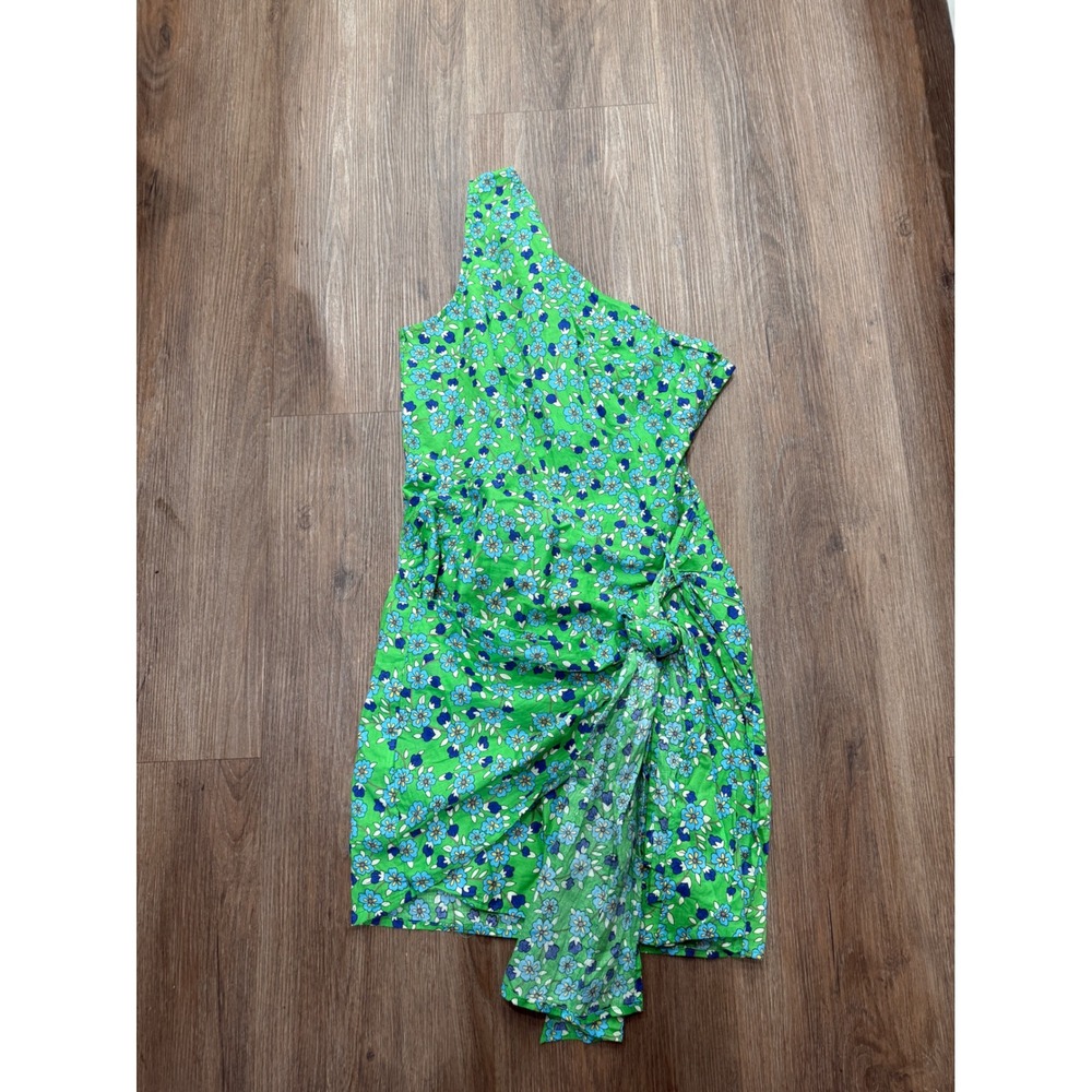 Hello Molly Green Floral‎ One Shoulder Cotton Sarong Mini Dress US 4 S 334